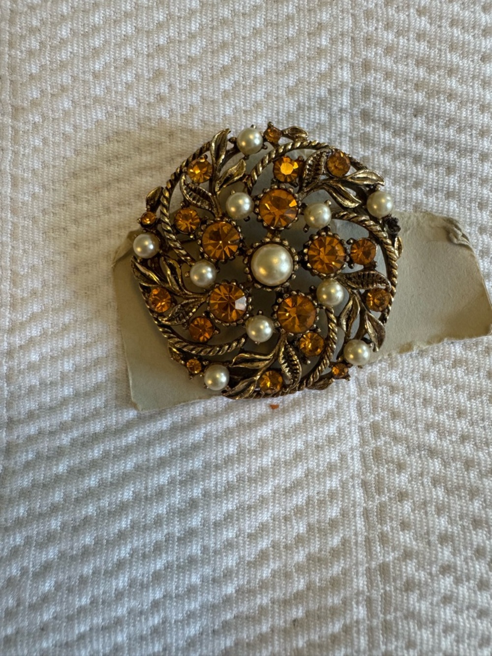 Gold-Tone Amber Crystal and Pearl Floral Brooch
